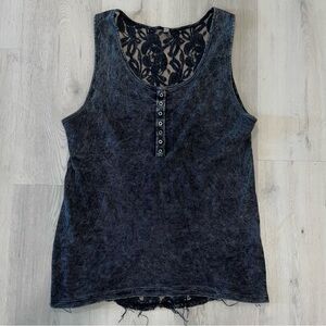 Y2K Black Ribbed Tank top with lace back size Large acid wash grunge goth